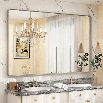 60x40 Inch Brushed Nickel Bathroom Mirror, Silver Bathroom Mirrors for Vanity, Rectangle Silver Metal Frame Bathroom Mirror for Wall, Shatterproof, Hangs Horizontally or Vertically
