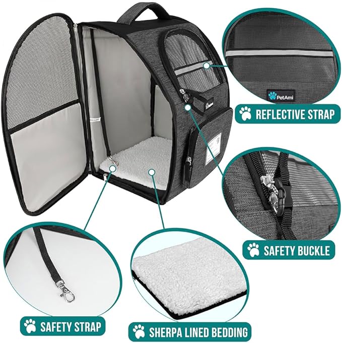 PetAmi Dog Backpack Carrier for Small Large Cat, Pet, Puppy, Ventilated Pet Hiking Backpack Travel Bag, Airline Approved Cat Backpack Carrier, Camping Biking Dog Bag Up to 18lbs Pet, Charcoal-Mewly Pet
