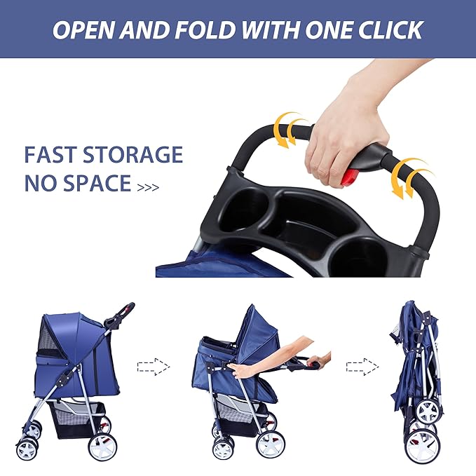 4 Wheels Pet Stroller for Small Medium Dogs Cats 10-33 lbs, Foldable Dog and Cat Stroller with Cup Holder & Storage Basket & Breathable Mesh, Pet Strolling Cart for All-Season, Navy Blue-Mewly Pet
