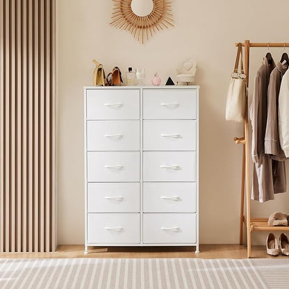 Sweetcrispy 10 Drawer Fabric Dresser Tall Chest Storage Organizer Tower with Cabinet Metal Frame and Wood Top Lightweight Nursery Closet Furniture for Bedroom,Cream White
