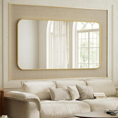 BEAUTYPEAK 26" x 38" Rectangular Aluminum Alloy Frame Wall Mounted Bathroom Mirror with Rounded Corners, Gold