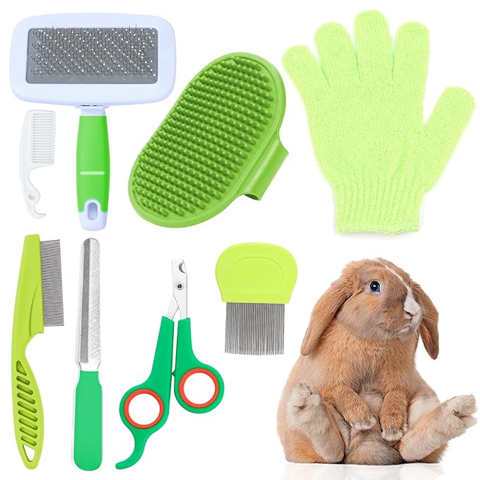 VCZONE 8 Pcs Small Animal Grooming Kit, Pink with Pet Nail Clipper and File, Flea Comb, Pet Shampoo Bath Brush, Pet Shedding Slicker Brush, Bath Massage Glove, Cleaning Comb (Green)-Mewly Pet