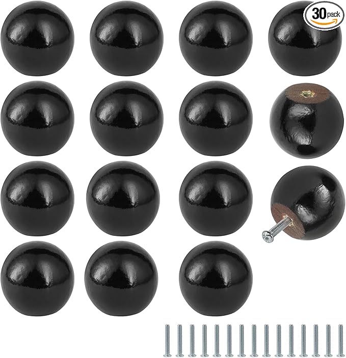 FoDau770 30pcs Black Wood Knobs, Round Ball Cabinet Knobs Vintage Drawer Pulls, Natural Wooden Cabinet Hardware for Furniture Drawer Dresser Wardrobe Cupboard - 1-1/4" Diameter