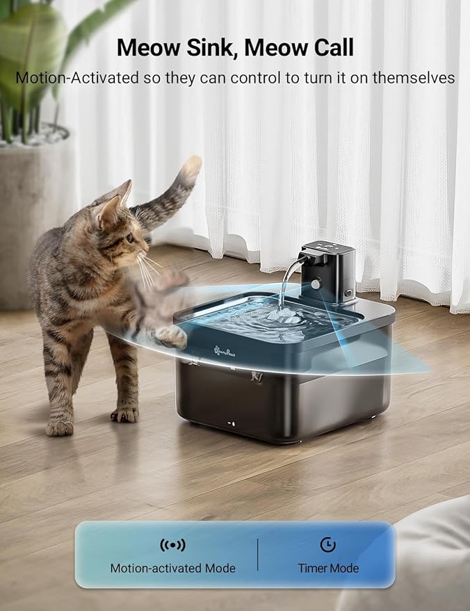 DownyPaws Cat Water Fountain Stainless Steel Cordless, 84oz/2.5L Fursink Wireless Pet Water Fountains for Cats Indoor, Battery Operated Cat Drinking Fountain, Ultra Quiet Pump, BPA-Free, Black-Mewly Pet