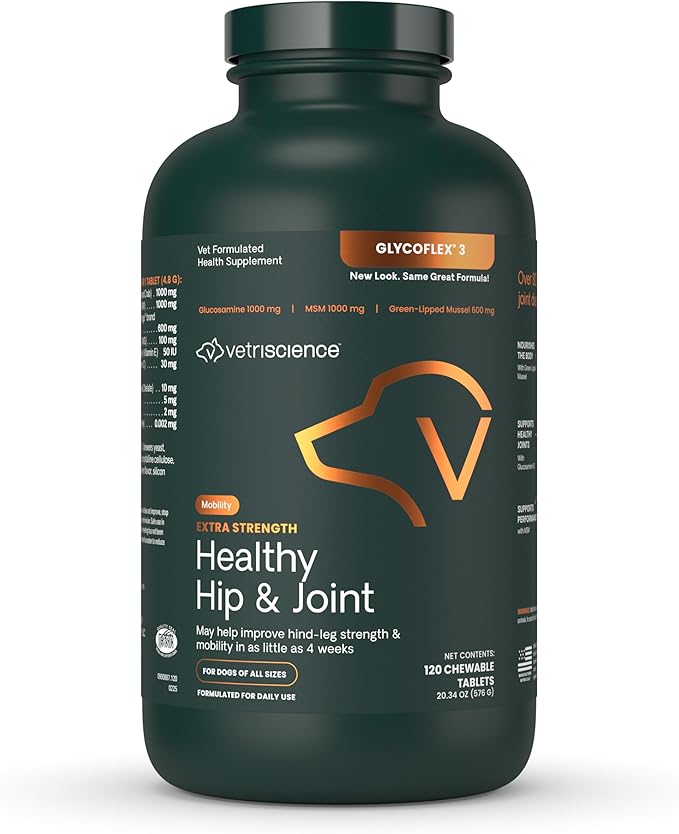 VetriScience Glycoflex 3 Clinically Proven Hip and Joint Supplement for Dogs - Maximum Strength Dog Supplement with Glucosamine, MSM, Green Lipped Mussel & DMG - 120 Chewable Tablets, Chicken Flavor-Mewly Pet