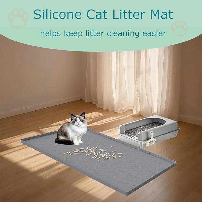 Cat Litter Mat for Litter Box, Silicone Large Cat Litter Trapping Mat - 31x22 in, Waterproof & Non-Slip, Durable & Easy Clean, Gray-Mewly Pet