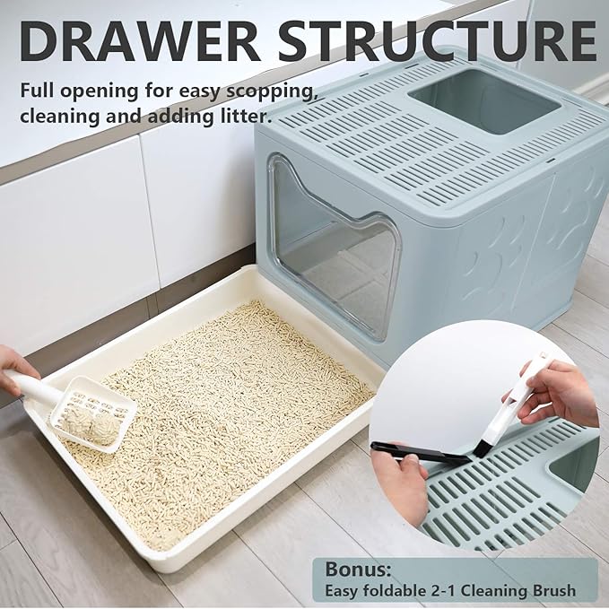 Foldable Cat Litter Box with Lid, Enclosed Potty, Large Top Entry Anti-Splashing Toilet, Easy to Clean Including Litter Scoop and 2-in-1 Cleaning Brush (Blue)-Mewly Pet