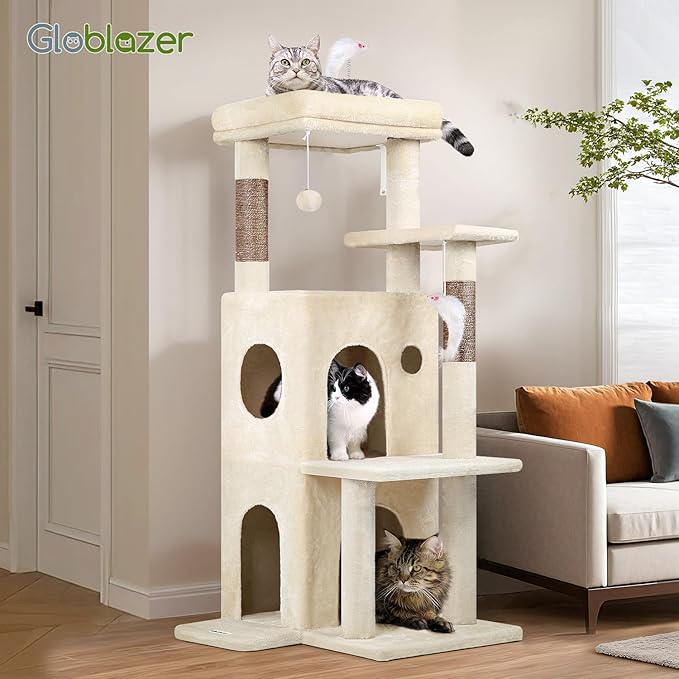 Globlazer Cat Tree Tower for Indoor Cats, 50-inch Adult Cat Tree House for Large Adult Cats with Steps, Scratching Post, 2 Cat Caves, Dangling Toys, FC50, Beige-Mewly Pet