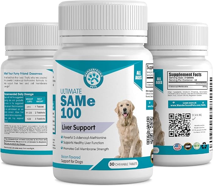 Wanderfound Pets Same 100 Liver Support for Dogs - Same S-Adenosyl-L-Methionine Hepatic Supplement for Liver & Brain Support - Bacon Flavored Sam E, Manufactured in The USA - 30 Chewable Tablets-Mewly Pet