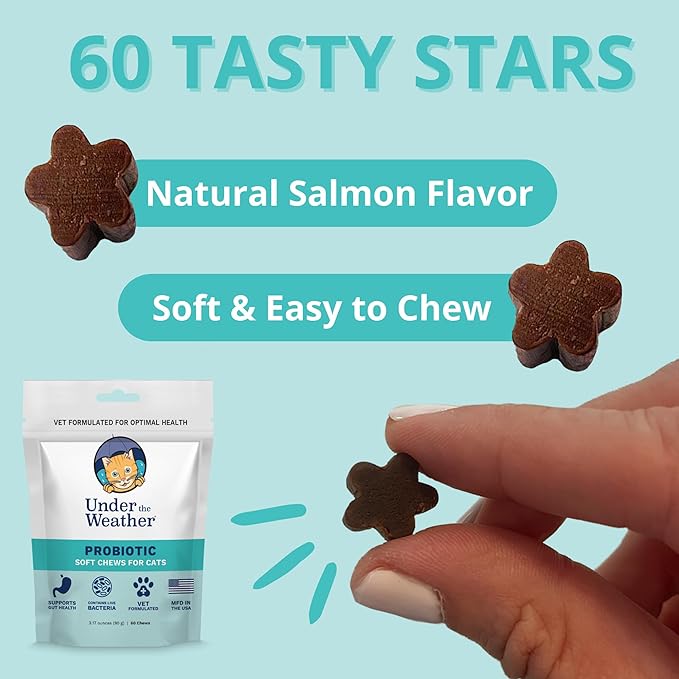 Under The Weather Pet Probiotic Chews for Cats | Promotes Normal Digestion, Balances Healthy Gut Health | 60 Star Shaped Soft Chews-Mewly Pet