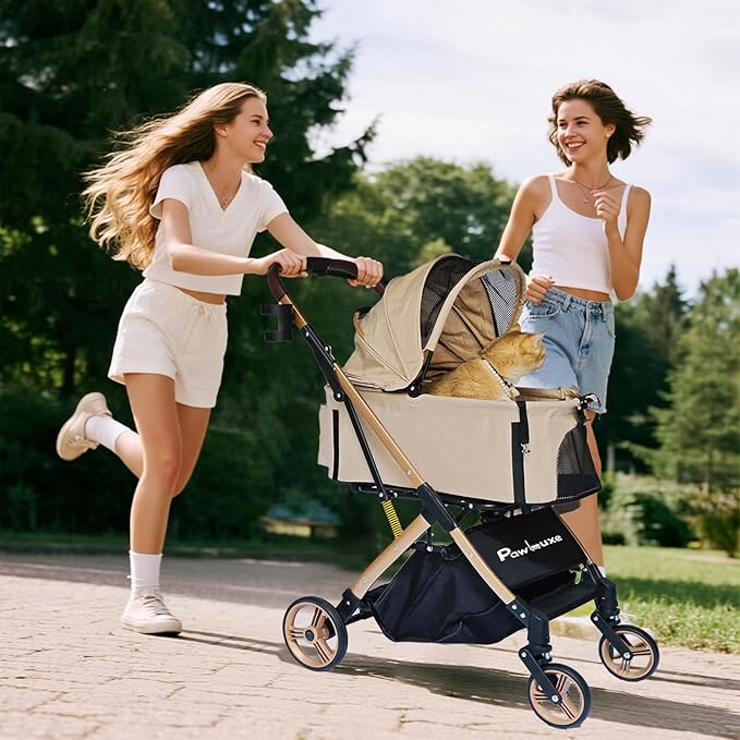 Pet Stroller for Small & Medium Dogs Cats up to 55 lbs 4-in-1 Foldable Travel Pet Stroller with Detachable Carrier Lightweight All-Terrain Spring Damping,Car Seat,Sun Canopy,Khaki-Mewly Pet