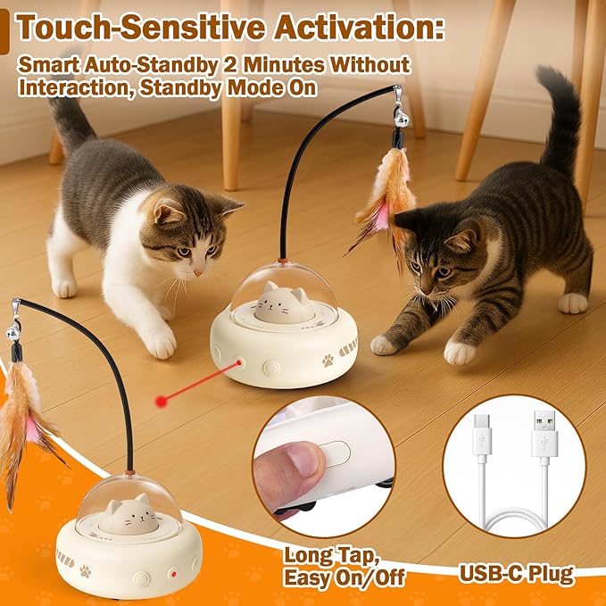 AIERSA Interactive Cat Toys for Indoor Cats, Automatic Enrichment Toy with LED Light and Feather for Cats and Kittens, Moving Self Play Stimulation Toy for Cat Lover Gifts-Mewly Pet