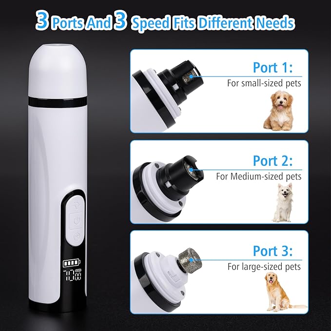 Pet Nail Grinder for Dogs and Cats - Super Quiet and Low Vibration Electric Dog Nail Grinder with 2 LED Lights - USB Rechargeable and Cordless - 3 Speeds - Small to Large Pets (White)-Mewly Pet