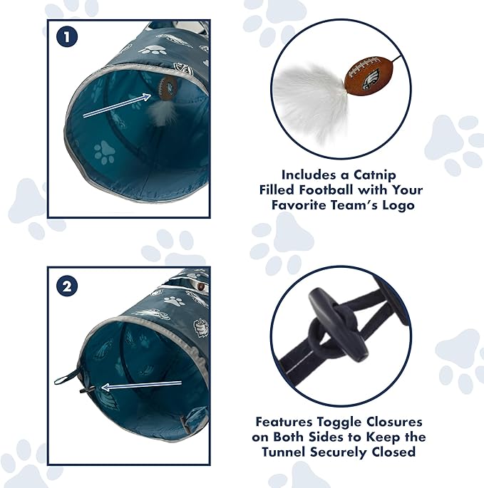 NFL Philadelphia Eagles Cat Tunnel Tube Toy with Plush Football Catnip and Feathers Collapsible Tunnel for Cats to Play, Peek and Hide, Sporty & Fun Cat Tunnel Toy with Team Logo All-Over Design!-Mewly Pet