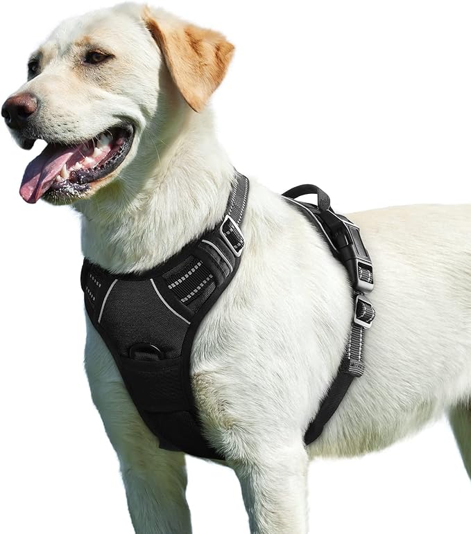 Eagloo Dog Harness for Large Dogs, No Pull Service Vest with Reflective Strips and Control Handle, Adjustable and Comfortable for Walking, No Choke Pet Harness with 2 Metal Rings, Black, L-Mewly Pet