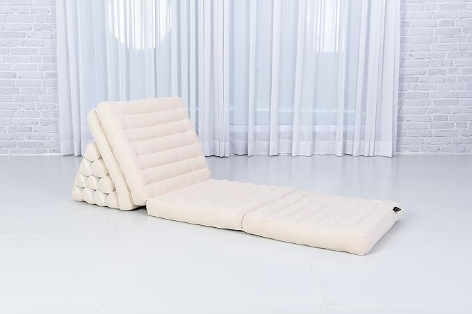 Leewadee Comfortable Japanese Floor Mattress - Thai Floor Bed with Triangle Cushion - Futon Mattress - XL Extra Long Thai Massage Mat, 89 x 20 inches, Ecru, Kapok Filling