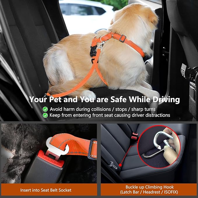 Dog Seat Belt Harness for Car, Dog Car Harness Adjustable Mesh Breathable & Dogs Seatbelt Safety Tether with Elastic Bungee for Small Medium Large Pets(Orange, L)-Mewly Pet