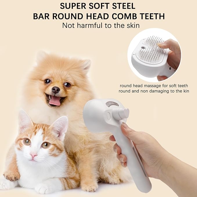 Cat Steam Brush for Shedding– 4-in-1 De-Shedding, Steam Spray, and Self-Cleaning Grooming Tool – Ideal for Long and Short-Haired Pets– Includes 2 Bottles of 120 mL Waterless Shampoo(White)-Mewly Pet