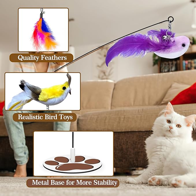 Interactive Cat Toy for Indoor, Includes Metal Base, Suction Cup Cat Base, Cat Wand,Bird Simulation Toys and Feather Toy, Set of 7 PCS-Mewly Pet