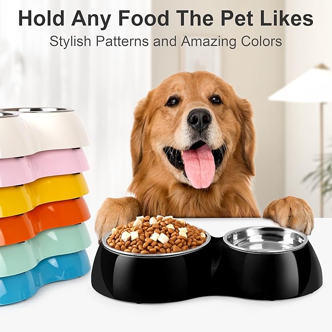 Double Dog Bowls Set – Non-Slip Pet Food & Water Dishes with Resin Stand, Includes Small (1 Cup) & Medium (2 Cups) Bowls – Ideal for Puppies, Cats, and Medium Dogs –Black-Mewly Pet