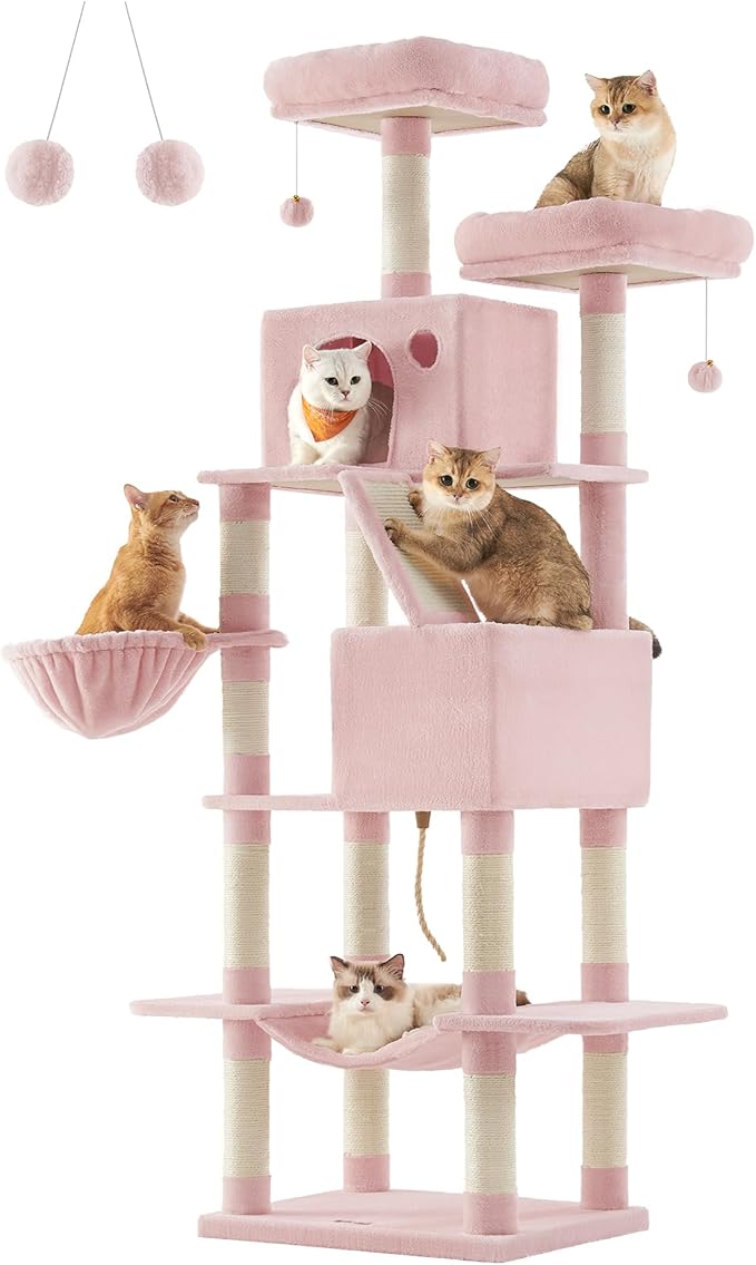 Feandrea Cat Tree, 81.1-Inch Large Cat Tower with 13 Scratching Posts, 2 Perches, 2 Caves, Basket, Hammock, Pompoms, Multi-Level Plush Cat Condo for Indoor Cats, Jelly Pink UPCT190P01-Mewly Pet