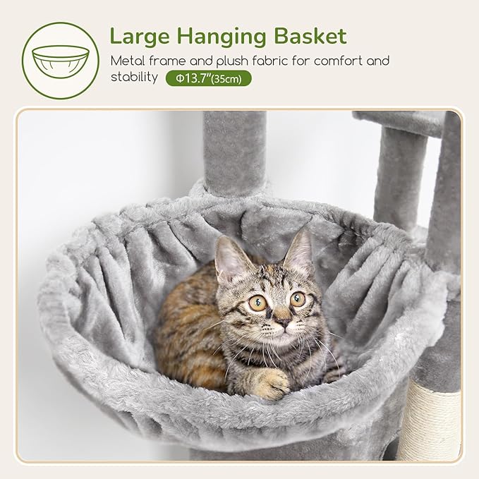 Globlazer Large Cat Tree Tower, Tall Cat Tree Condos for Indoor Cats Large Adult Cat Climbing Tower with 2 Spacious Caves, Oversized Top Perch, Big Hanging Basket, Cat Teaser Wand, F74B, Light Grey-Mewly Pet
