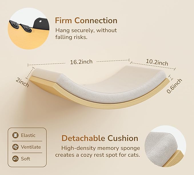 Cat Wall Shelf with Curved Hammock Bed, Wall Mounted Cat Perch with Beige Soft Foam Cushion, Floating Wall Furniture for Climbing, Sleeping & Lounging-Mewly Pet