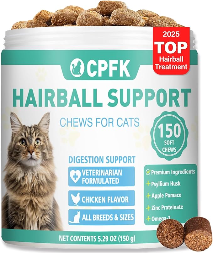 Cat Hairball Remedy Treats, 150 Soft Chews Cat Hair Ball Treatment Furball Control Relief Helps Eliminate and Prevent Hairballs for Indoor Cats Supports Skin and Coat Digestion Chicken Flavor-Mewly Pet