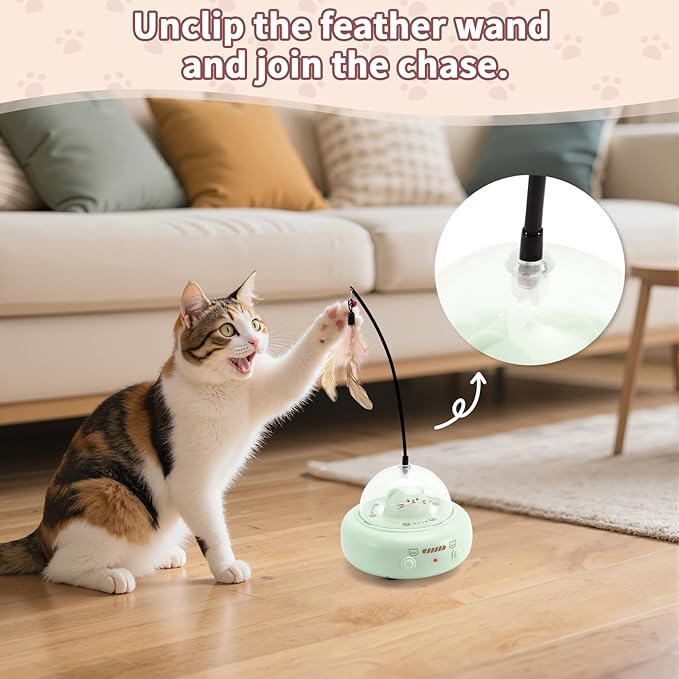 Automatic Cat Toys with Feathers, Interactive Cat Toy for Indoor Exercise, Rechargeable Teasing Toys for Indoor Cats, USB Powered, Smart Standby&Obstacle Avoidance(Green)-Mewly Pet