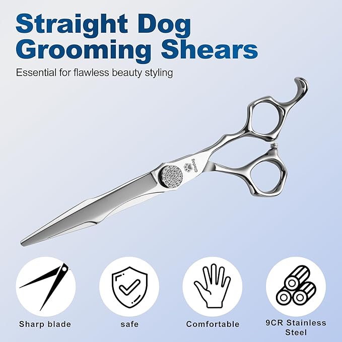 GLADOG 7" Premium 9CR Dog Grooming Scissors with Full Diamond Pivot Nut - Professional Straight Dog Scissors for Grooming, Ideal Dog Shears for Precise Trimming, Pet Grooming Scissors, Grooming Shear-Mewly Pet
