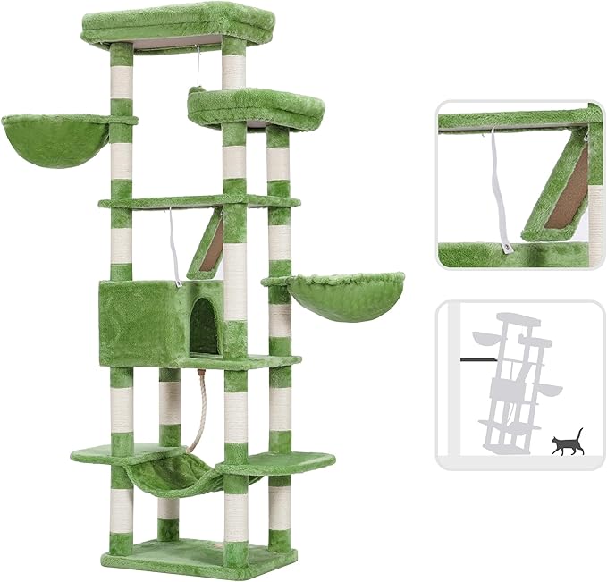 Heybly Cat Tree, 68 inch Multi-Level Cat Tower for Indoor Cats, 2 Widened Plush Perches Cat Condo with Scratching Board and Big Caves, Green HCT025GR-Mewly Pet