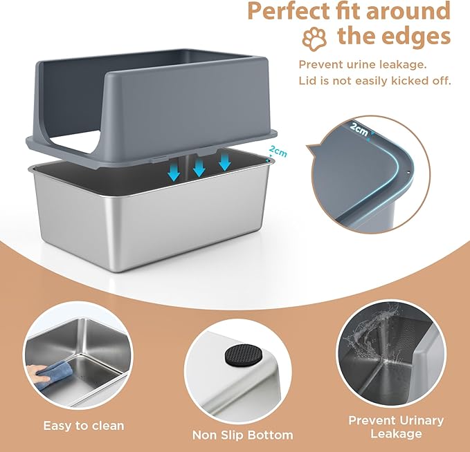 Large Stainless Steel Litter Box with Lid, High Sides, 16" Metal Cat Litter Box, Extra Large Litter Boxes for Big Cats, Tall Cat Litter Pan, Grey, Easy Clean-Mewly Pet