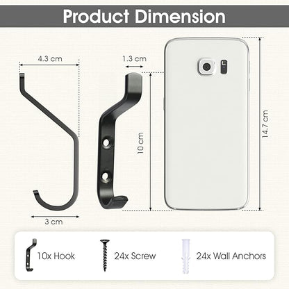 GlazieVault Coat Hooks Wall – Door Hooks (10 Pack) - Heavy Duty Wall Mounted - Premium Design Rust Free Hooks