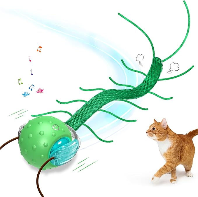 Interactive Cat Toys for Indoor Cats, Moving Cat Ball with Tail, Fast Rolling on Carpet, Chirping & Motion Activate Toy for Bored Indoor Adult Cats-Mewly Pet