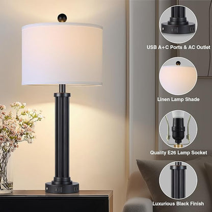 28" Tall Modern Table Lamps Set of 2 with USB C+A Ports and AC Outlet, 3 Way Touch Metal Bedside Lamps for Living Room, Black Nightstand Lamps for Bedroom