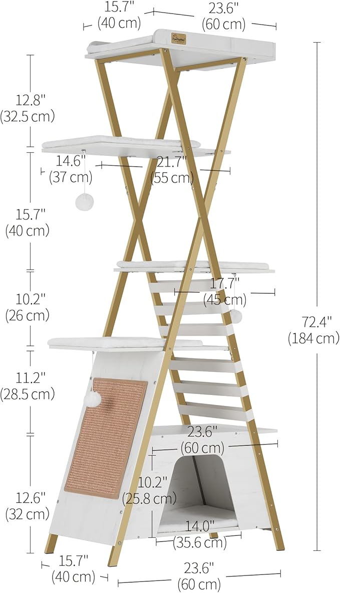 FourFurPets 72.4" Cat Tree, Modern Cat Tower for Indoor Cats, Multi-Level Cat Condo with Caves, Tall Cat Tree with Cat Scratching Board, Wooden Cat Tower with Large Perch, Removable Pads, White-Mewly Pet