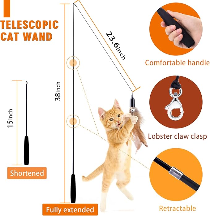 Retractable Cat Wand Toys - Interactive Feather Wand with Bell for Indoor/Outdoor Cats, 8 Pack-Mewly Pet