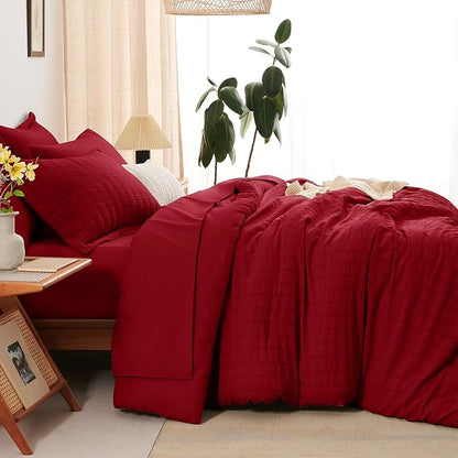 CozyLux Full Size Comforter Sets with Sheets Seersucker 7 Pieces Dark Red Bed in a Bag Textured Luxury Soft Bedding Set with Down Alternative Comforter, Sheets, Pillowcases & Shams for All Seasons