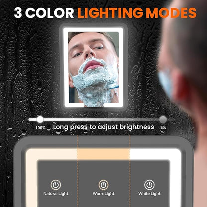LED Fogless Shower Mirror for Shaving - Heated Fog Free, 3 Dimmable Lights, 360° Adjustable, Rechargeable - with Storage Tray, Razor & Shaving Brush Holders, Gifts for Men