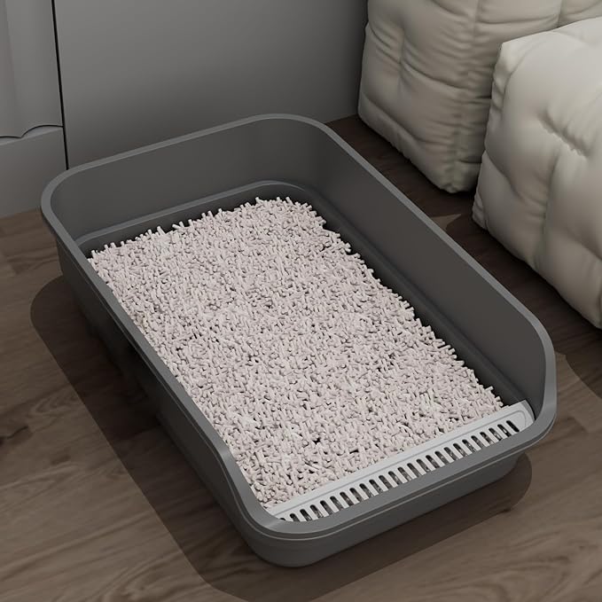 Extea Large Cat Litter Box with High Sides,Cat Boxes for Indoor Cats,Cat Litter Pan for Kitty,Litter Box with Low Entry,Easy to Clean,Anti-Splashing,23.6" x15.7" x6.2" (Grey)-Mewly Pet