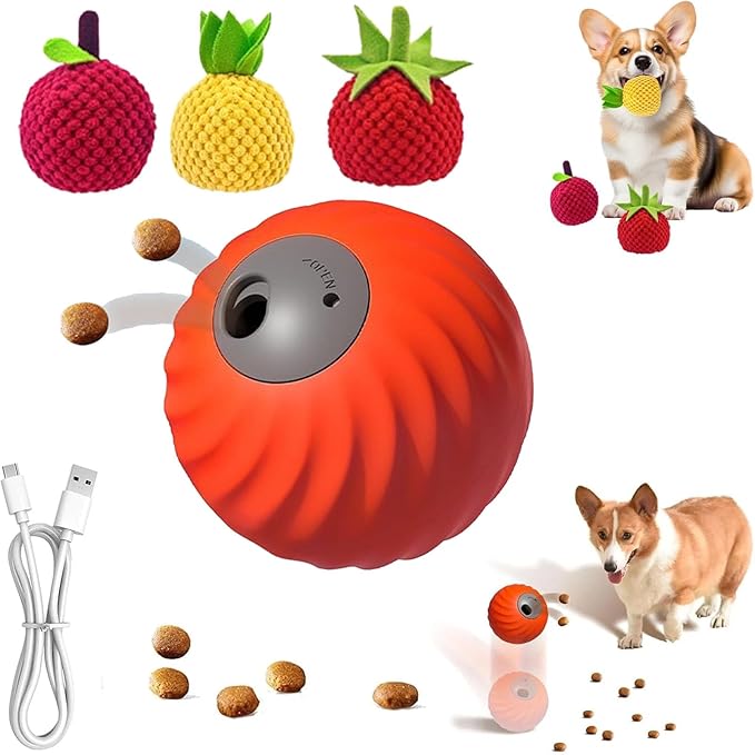 Zoomie Buddy 2.0, Zoomie Buddy for Dogs, 2 in 1 Smart Touch Interactive Dog Balls ＆ Pet Feeder, 2.83" Diameter, Suitable for Small/Medium Dogs, with Fruit Plush Cover (Orange, 3*Mix)-Mewly Pet