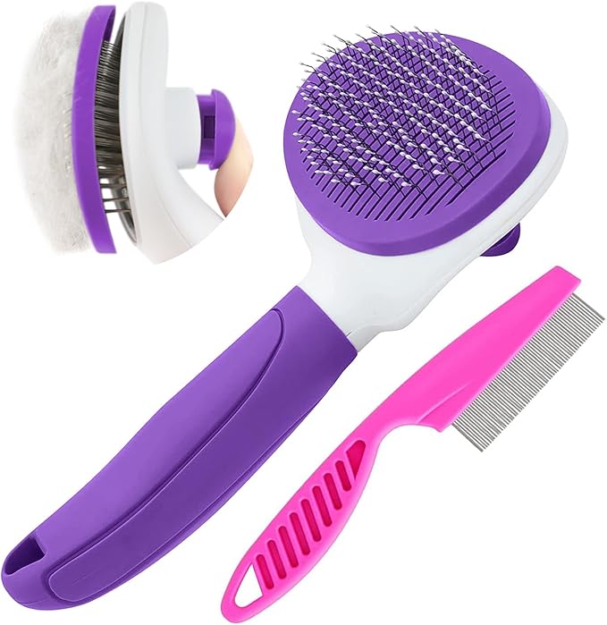 Cat Brush for Shedding, Cat Hair Brush with Release Button for Indoor Cats Dogs Self Cleaning Grooming(Purple)-Mewly Pet