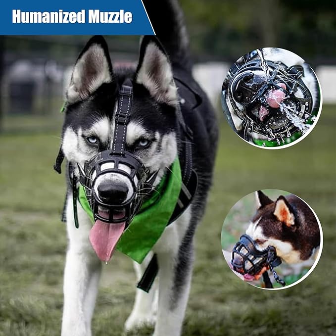 Dog Muzzle, Breathable Basket Muzzles for Small Medium Large Sized Dogs, Adjustable Humane Cage Mouth Cover for Scavenging Grooming Biting Chewing, Allows Panting and Drinking(Soft Rubber, L)-Mewly Pet