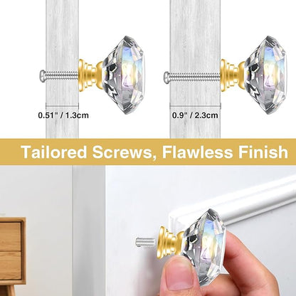 POZEAN Crystal Drawer Knobs 12Pack, 1.18inch Glass Knobs for Cabinet, Dresser with Two Different Sizes Screws, Diamond Glass Pulls Handles (30mm, 12Pack, Clear-Gold)
