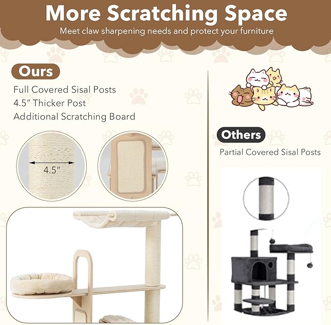 Tangkula Wood Cat Tree for Indoor Cats, 55 Inch Multi-Level Cat Tower Activity Center with Hammock, Cat Condo, Sisal Scratching Posts & Washable Cushions, Modern Cat Tree Houses for Large Cats-Mewly Pet