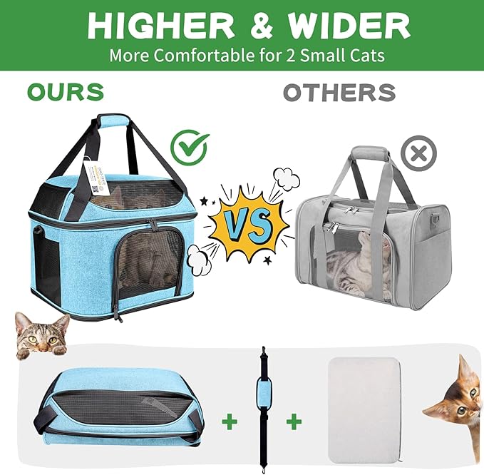 Large Cat Carrier for 2 Cats Soft Side Pet Carrier for Kitten Small Dog Collapsible Travel Small Dog Carrier, TSA Airline Approved Carrier for Large Cats 20 lbs, Blue-Mewly Pet