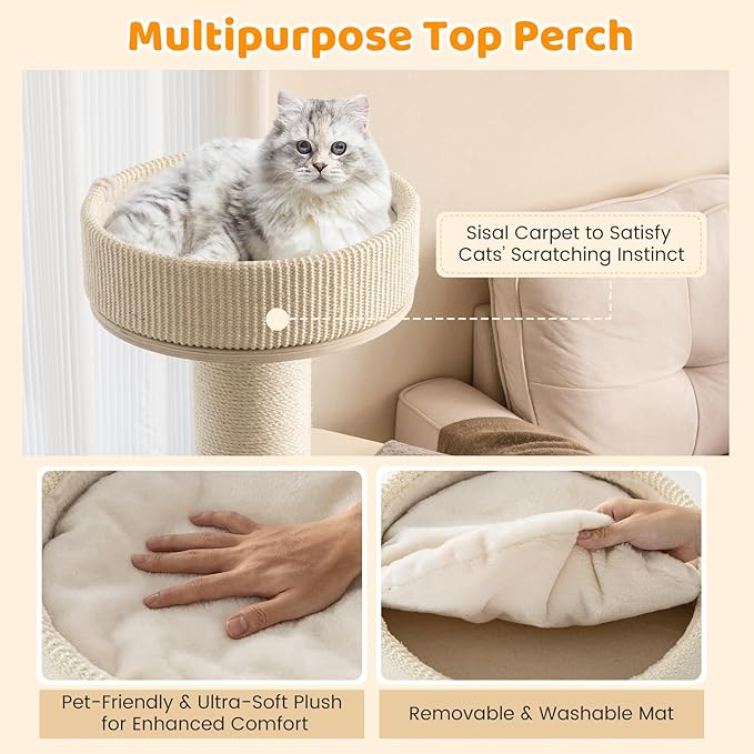 Tangkula Wood Cat Tree, 47 Inch Multi-Layer Cat Tower with 5.7” Thicker Sisal Covered Scratching Posts & Carpet, Padded Top Perch, 2 Jumping Platforms, Hammock, Modern Cat Tree Tower for Indoor Cats-Mewly Pet