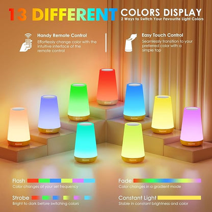 Auxmir LED Night Light Bedside Lamp Touch and Remote Control Dimmable Tabletop 13 RGB Colors Changing 5 Brightness Adjustable Rechargeable Portable Lamp for Baby Kids Nursery Bedroom Bathroom Camping