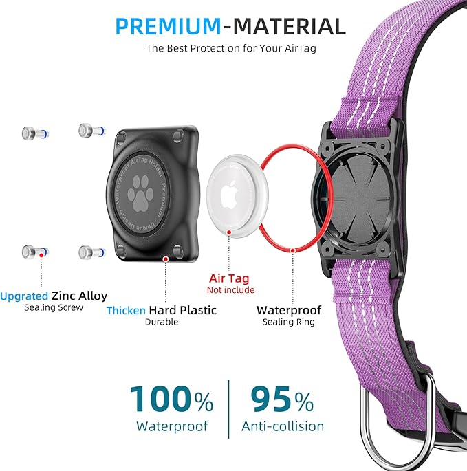 Upgraded AirTag Dog Collar, IP68 Waterproof Air Tag Dog Collar Holder, Reflective, Ultra-Durable, Comfortable Padded, Heavy Duty Dog Collars for Small Medium Large Dogs (L (14.8"-20.3"), Purple)-Mewly Pet