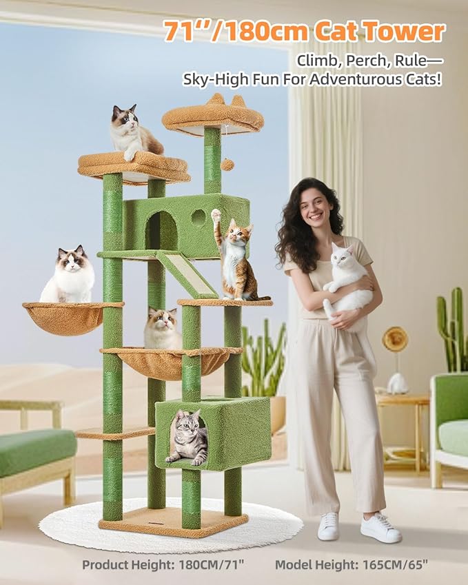 Taoqimiao Cactus Cat Tree, 71-Inch Cat Tower for Indoor Cats Large Adult, Multi-Level Large Cat Condo, 8 Sisal Scratching Posts, Metal Frame Cozy Hammock, Scratch Board, 2 Top Perches, MSC026L-Mewly Pet